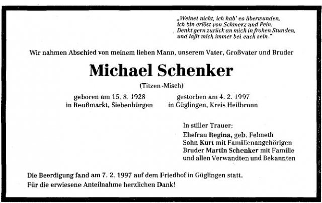 Schenker Michael 1928-1997 Todesanzeige